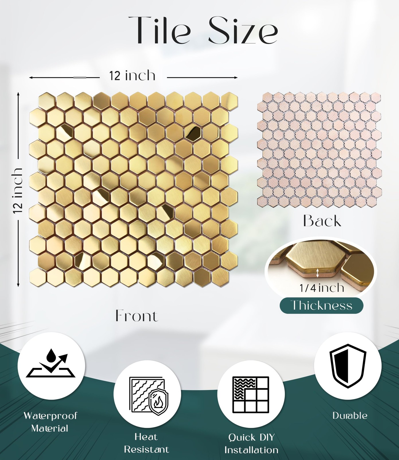 Hexagon Gold Backsplash Tile, Mosaic Sheets 12”x12” Mesh Mounted Golden 1 I…