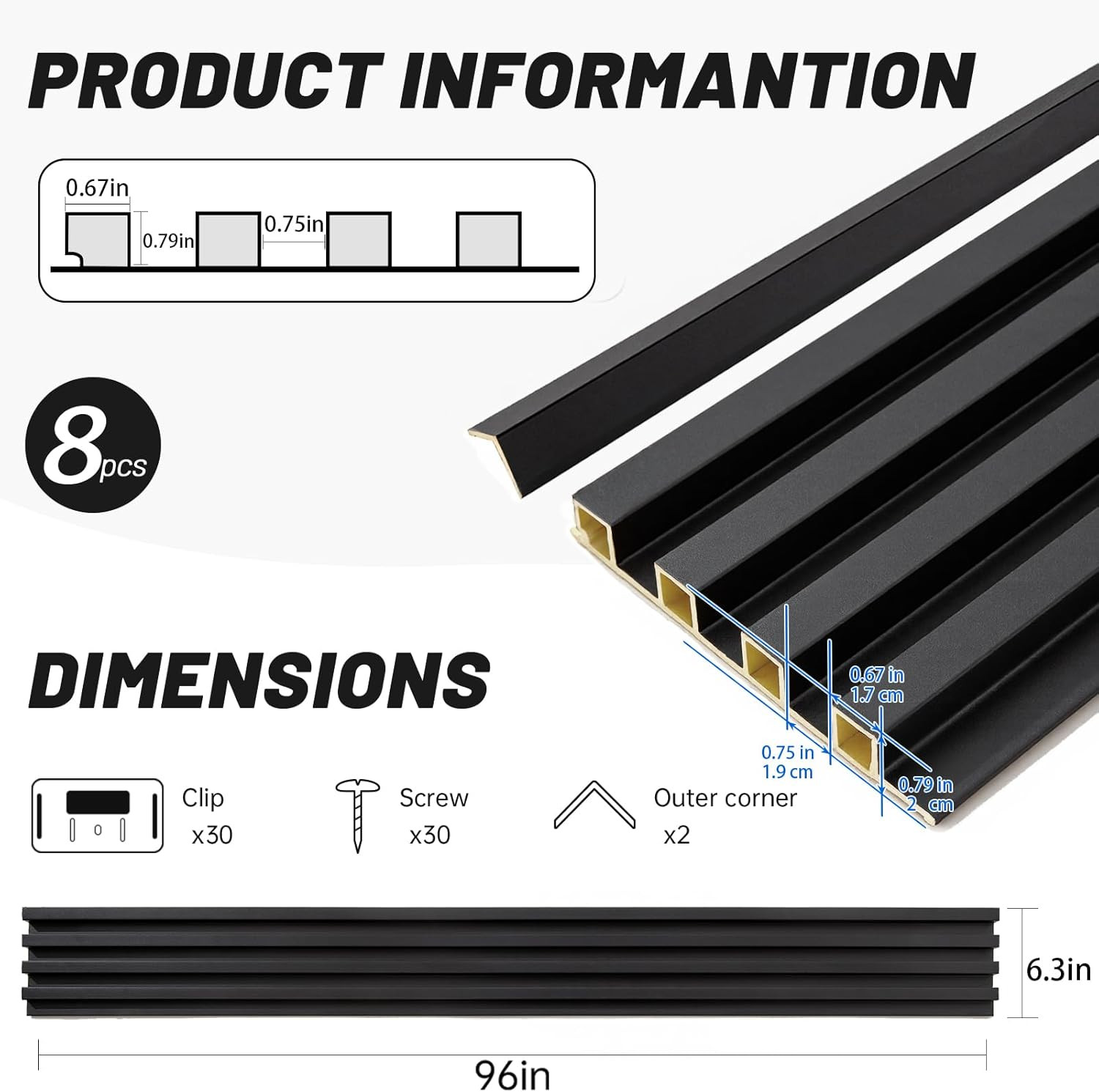 WPC Slat Wall Paneling, 8-Pack Water – Proof 3D Wall Panels, Accent Slat Wall Pa