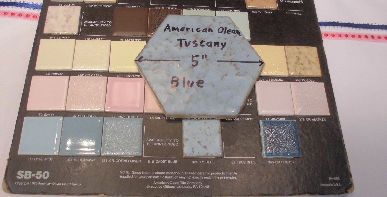 1 pc. *Blue Hexagon* Ceramic 5″ Tiles: Tuscany Glaze by American Olean 4-3/8″