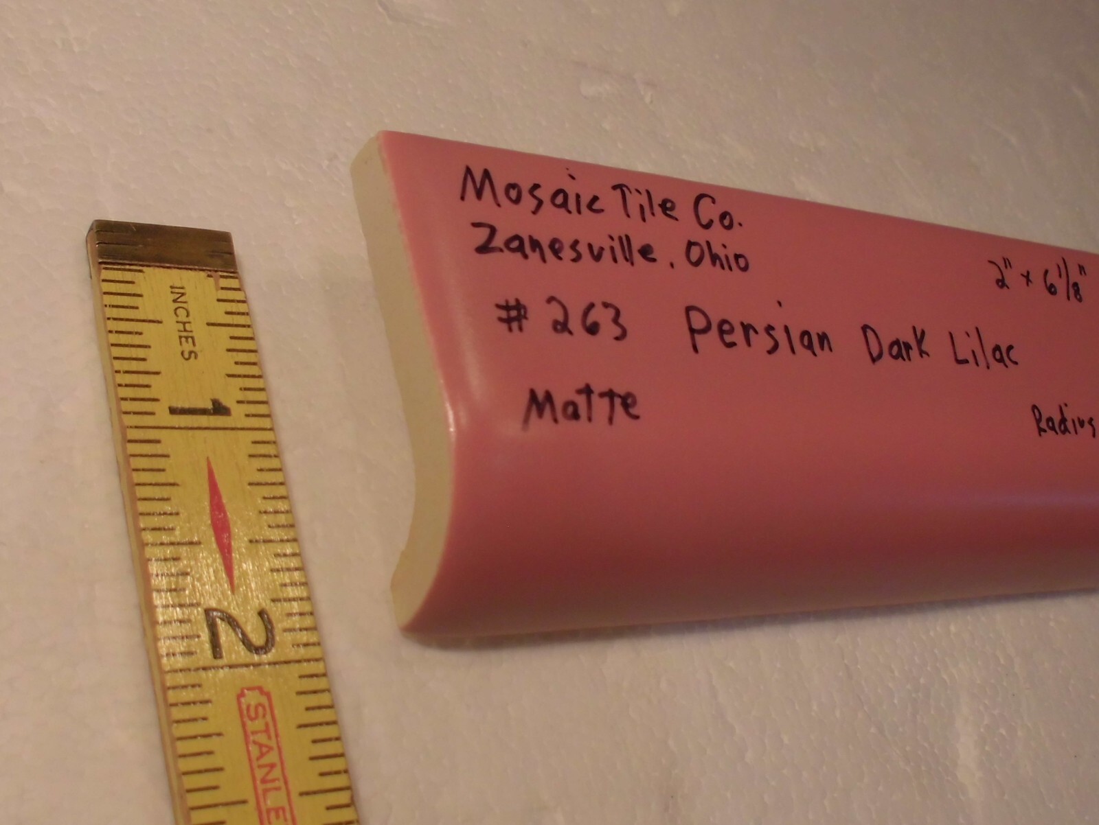 1 pc. *Dark Lilac* Matte Ceramic Radius Bullnose Cap Tile by The Mosaic Co.