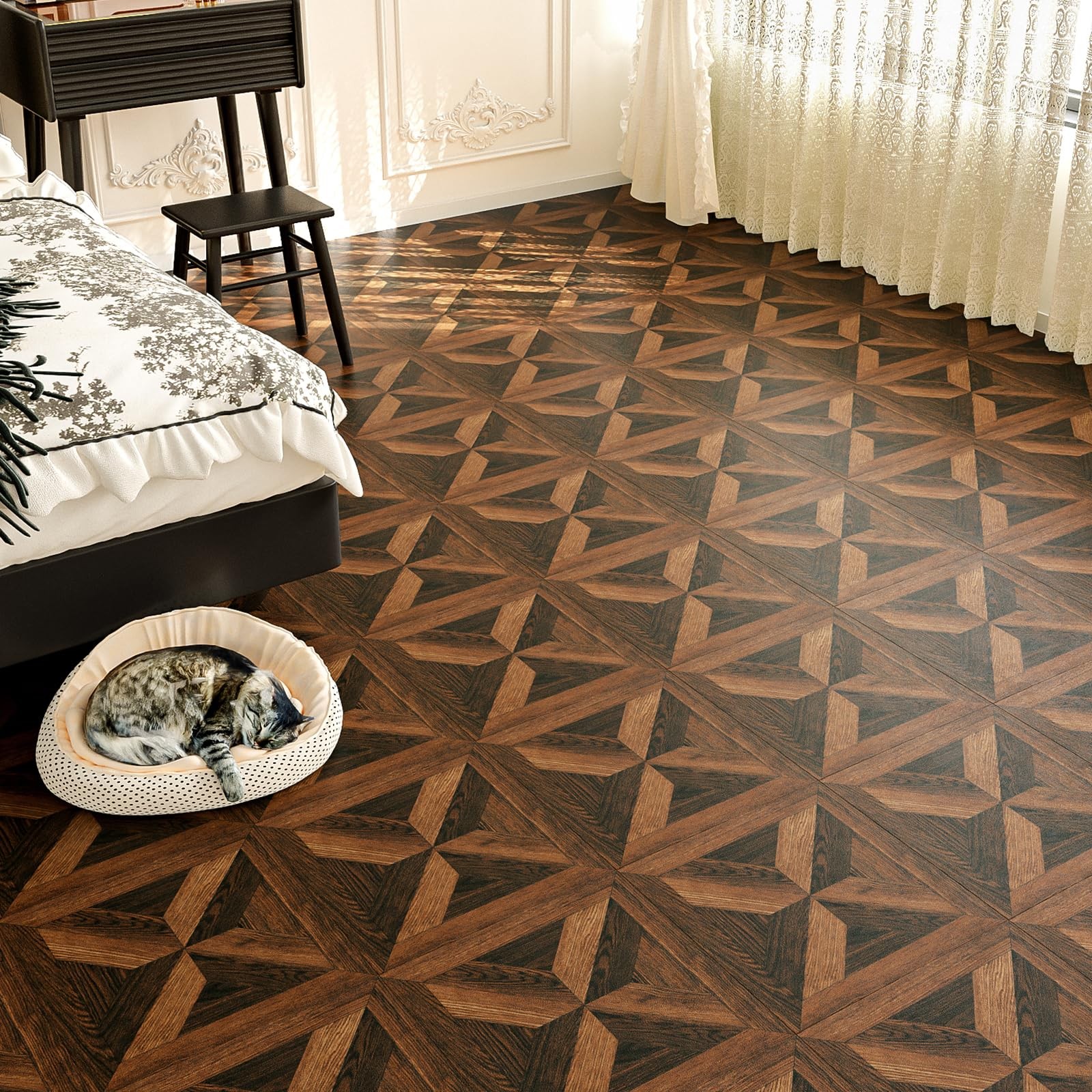 Brown Wood Look Peel and Stick Vinyl Flooring Roll Geometric Parquet Floor Co…