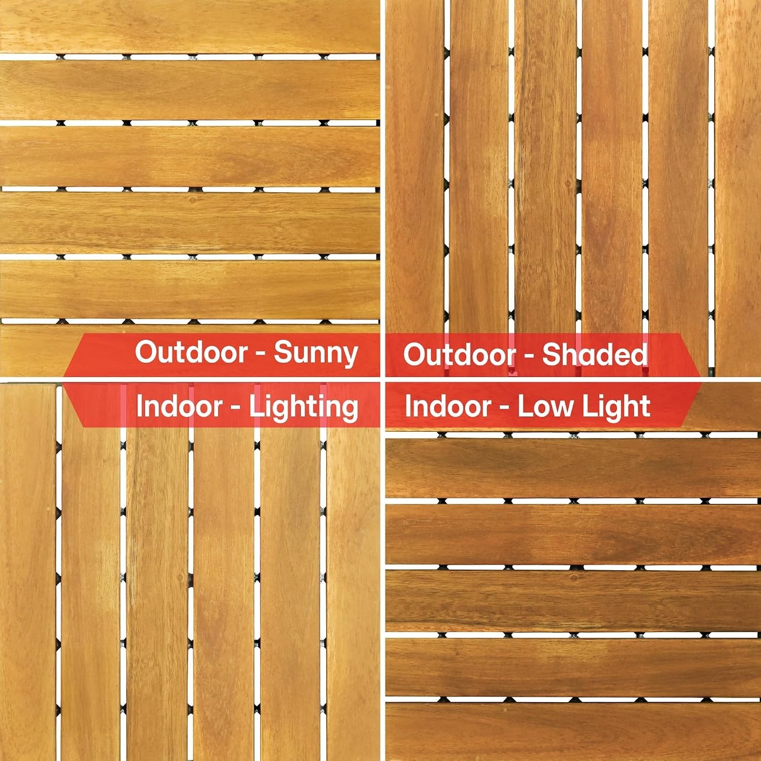 Non-Slip Acacia Wood Deck Tiles – Golden Striped, 12”x12”, 9 Pcs Easy Install