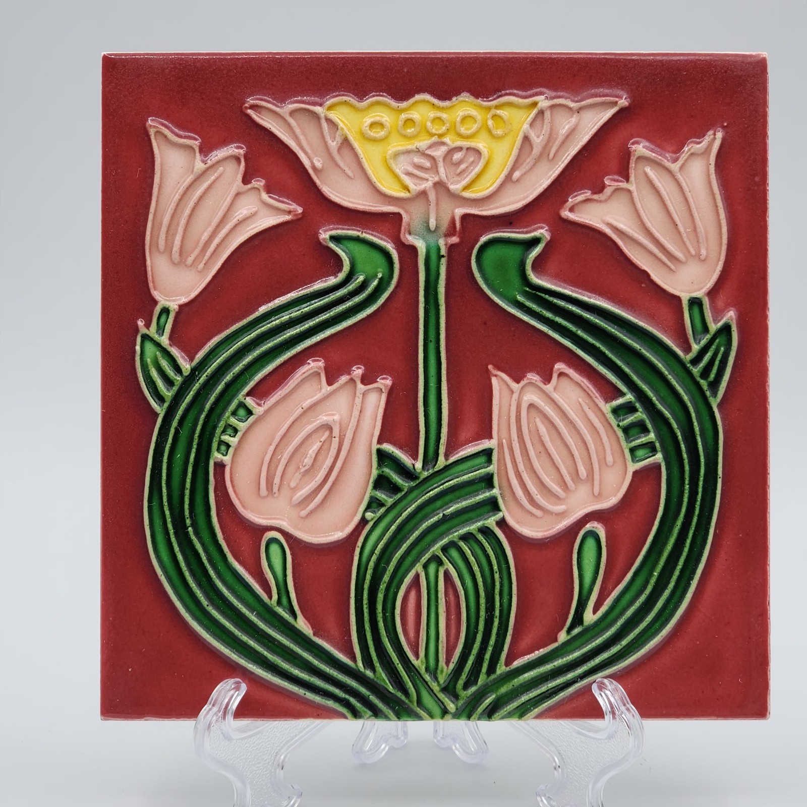 Art Nouveau Style Tube-Lined Embossed Tulip? Flowers Tile LAST ONE