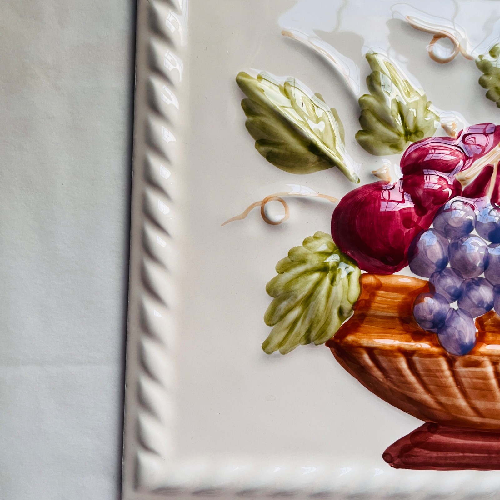 Vintage Embossed 3D Ceramic Fruit Basket Wall Tile Plaque Accent Piece Kitchen