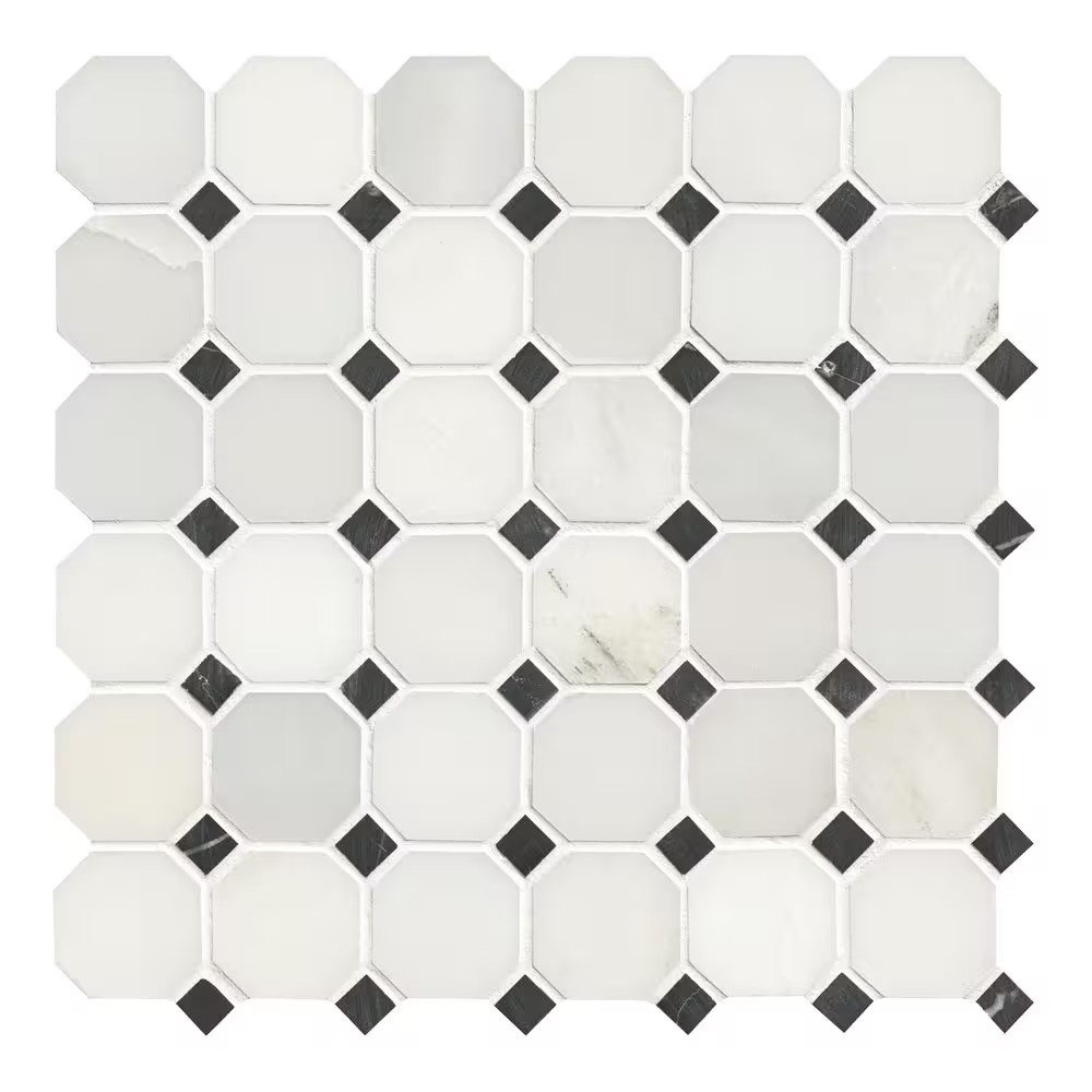 Greecian White 12X12X0.38 In. Honed Marble Octagon Mosaic White Marble and Black