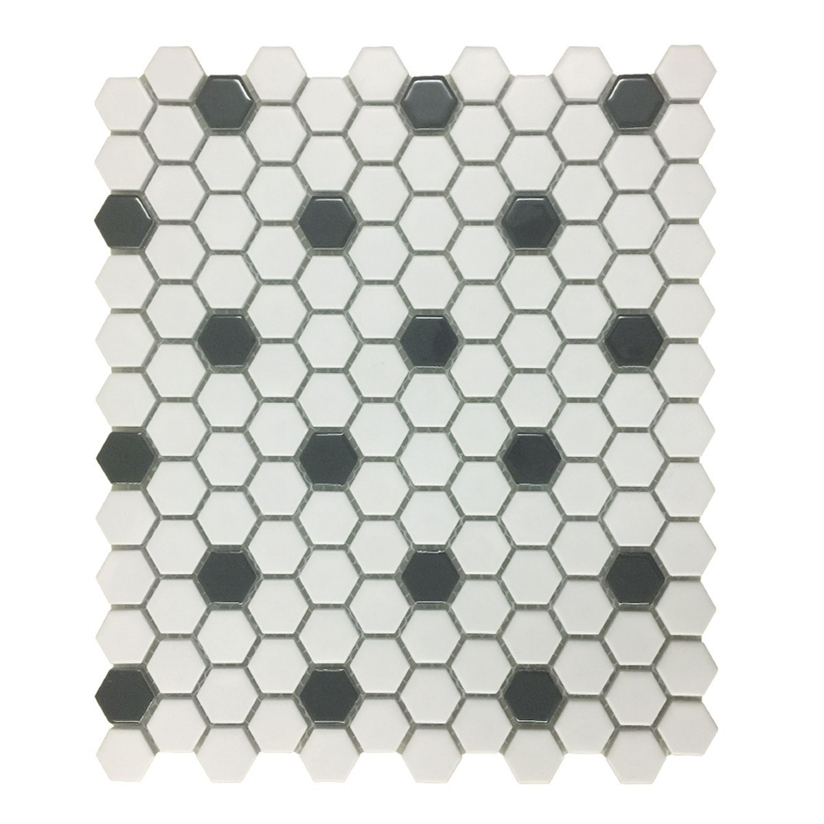 Glossy White and Black Floor Tile Porcelain Mosaic Hexagon, 1 Tile Sheet 10.25″