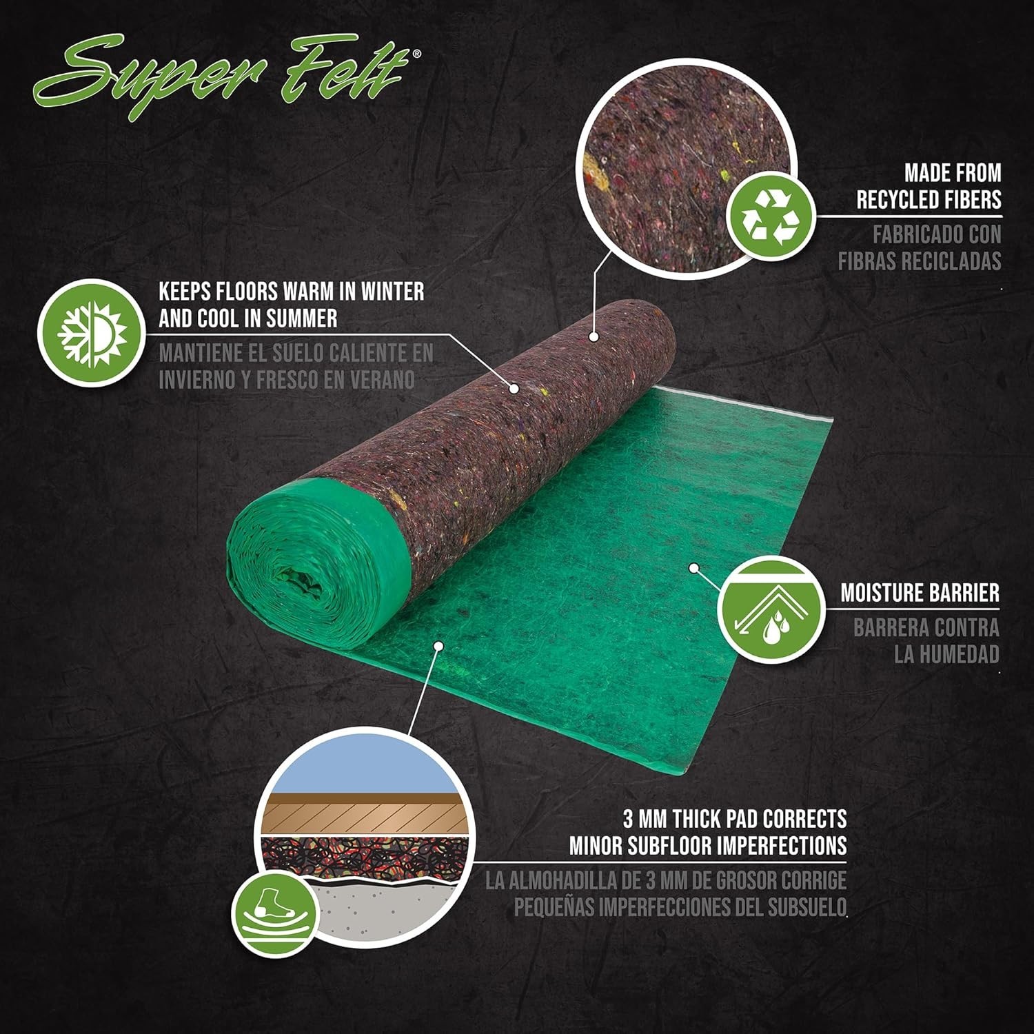 Super Felt Underlayment – 100 sq. ft. Roll – 44″ x 27.3′ x 3 mm