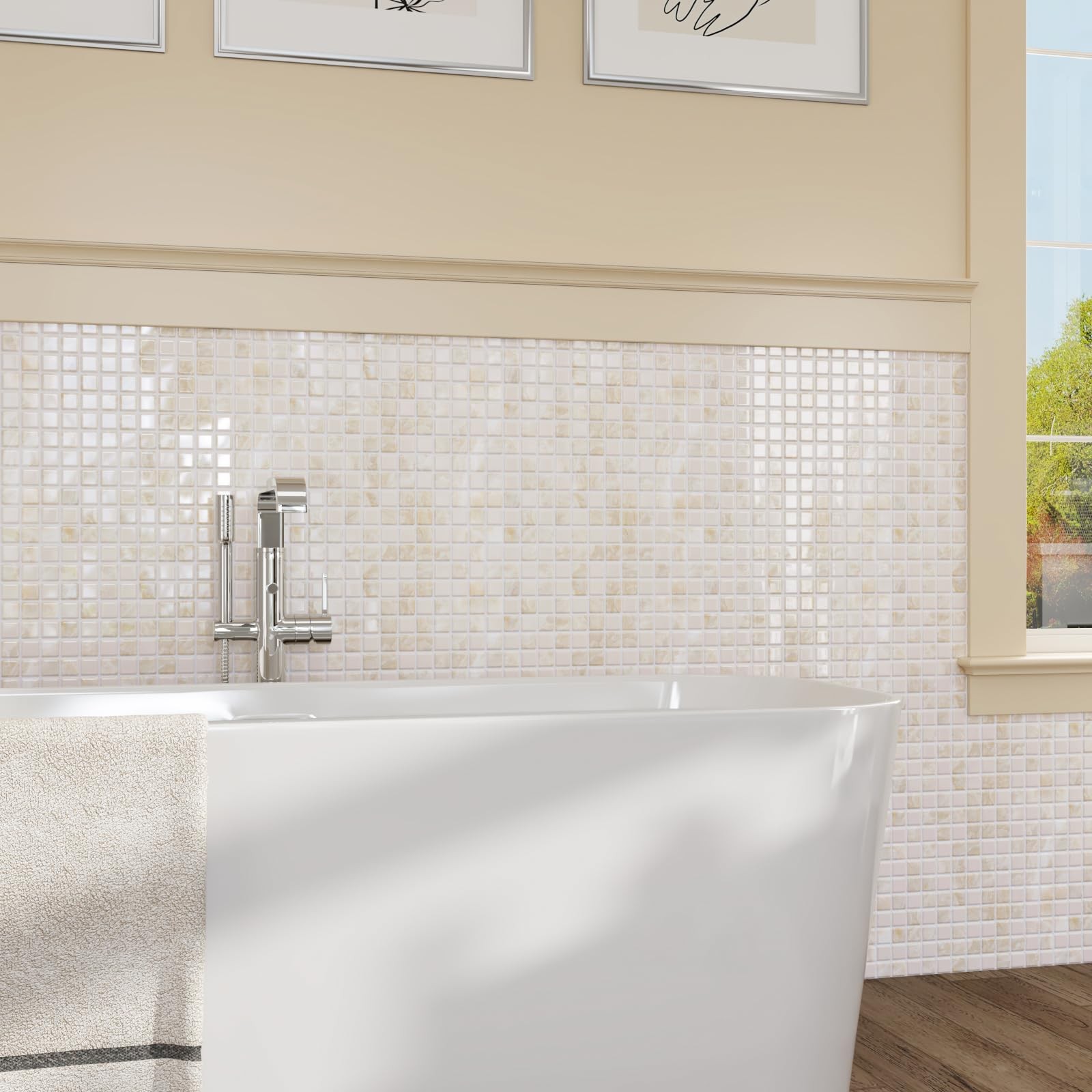 4 Sheets Beige Peel and Stick Backsplash Small Square Mosaic Stick on Tiles f…