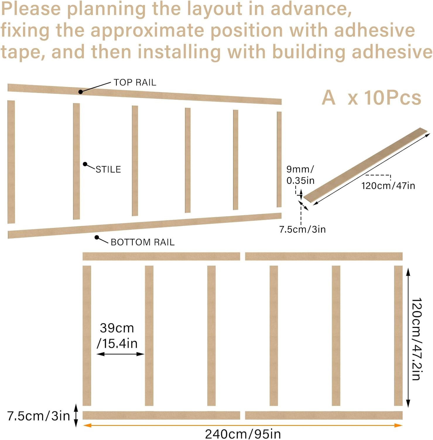 1 Set 94.5In X 47.2 in Mdf Board and Batten Wall Panel Kit Premade Wainscoting P