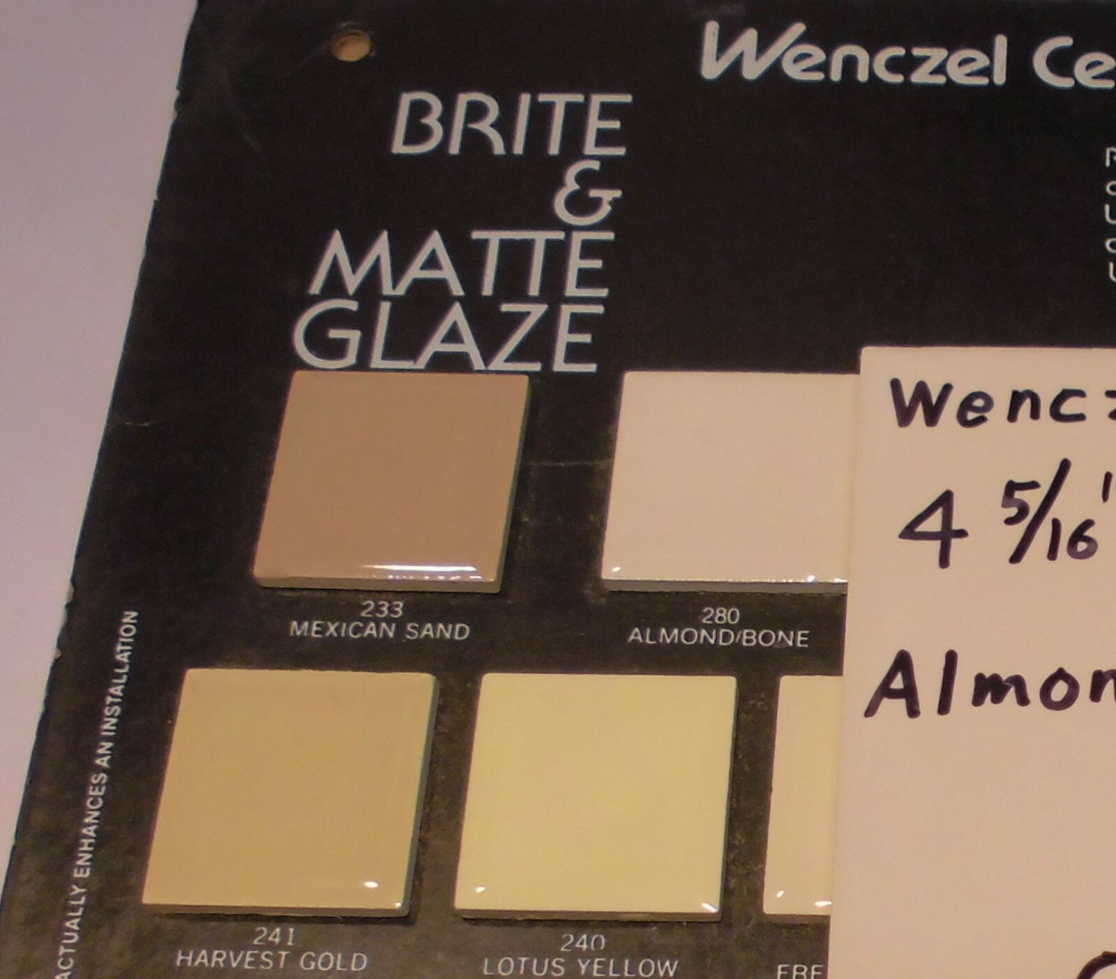 1 pc. *Almond – Bone* Glossy Ceramic Tile by Wenczel Tile Co. 4-5/16″- 4-3/8″