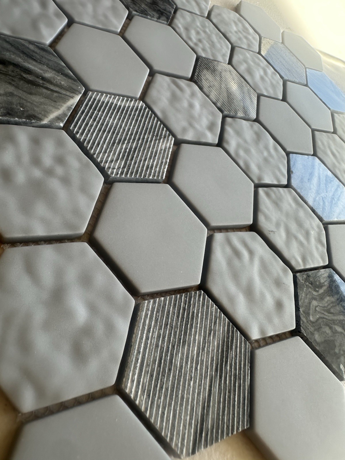 Grey Marble And Glass Hex Mixed Glossy, Matte And Textured Finish 12×12 Inch