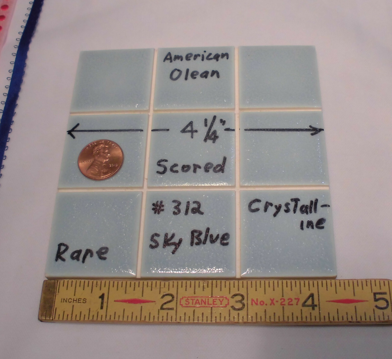 1 pc. 4-1/4″ Ceramic Tile *Sky Blue* Scored 9ths Crystalline; by American Olean