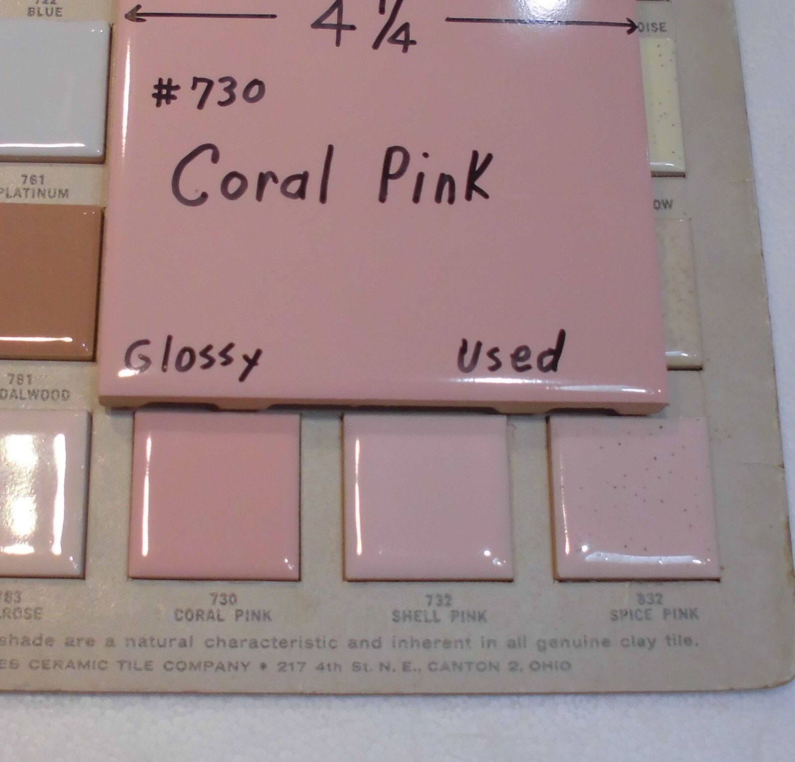 1 pc. Coral Pink #730 by Romany Tile Co. 4-1/4″ Glossy Ceramic from 1940’s Used