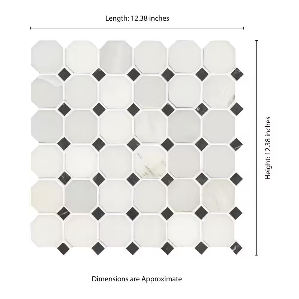 Greecian White 12X12X0.38 In. Honed Marble Octagon Mosaic White Marble and Black