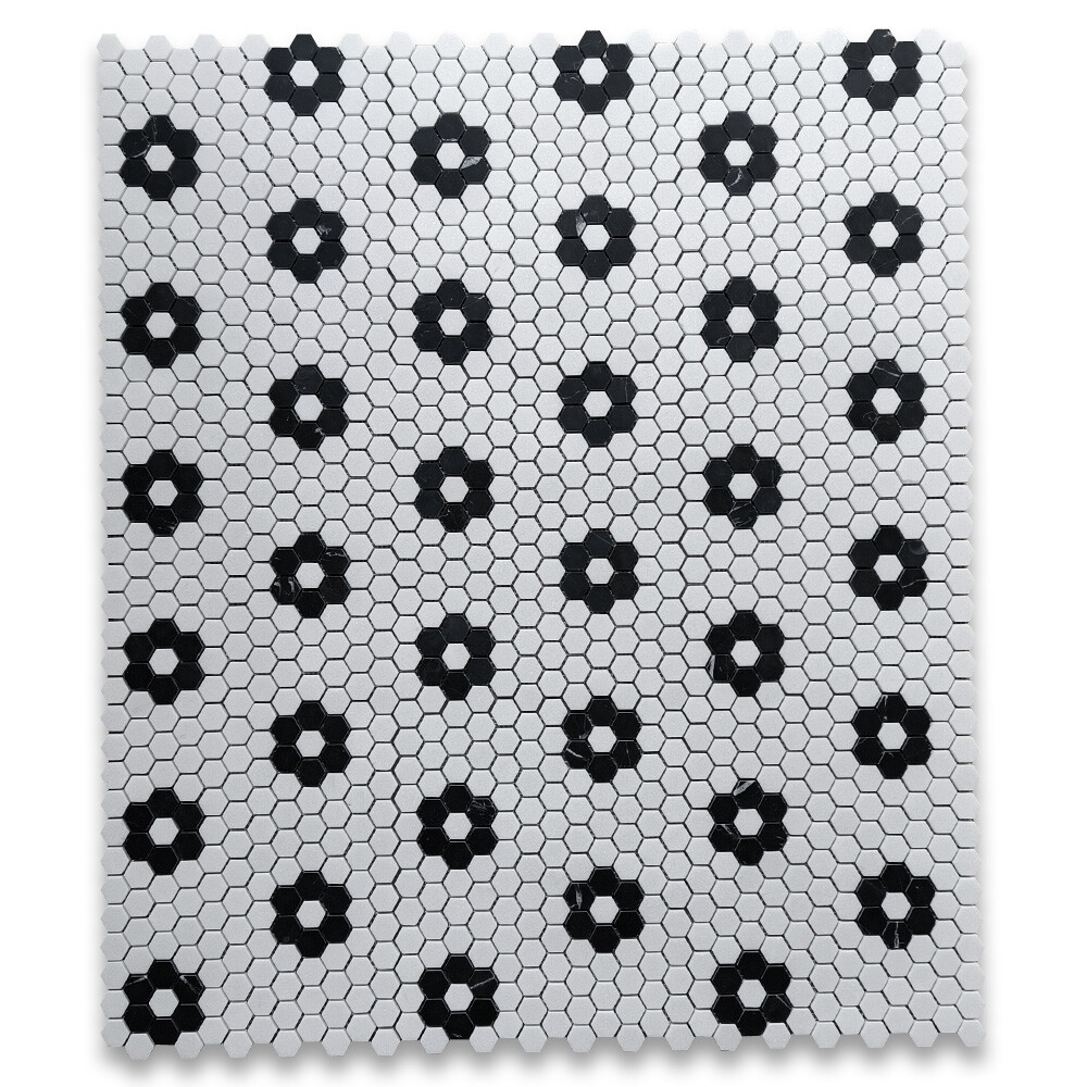 T31F1XH Thassos White Marble Hexagon Rosette Mosaic Tile Nero Marquina Black