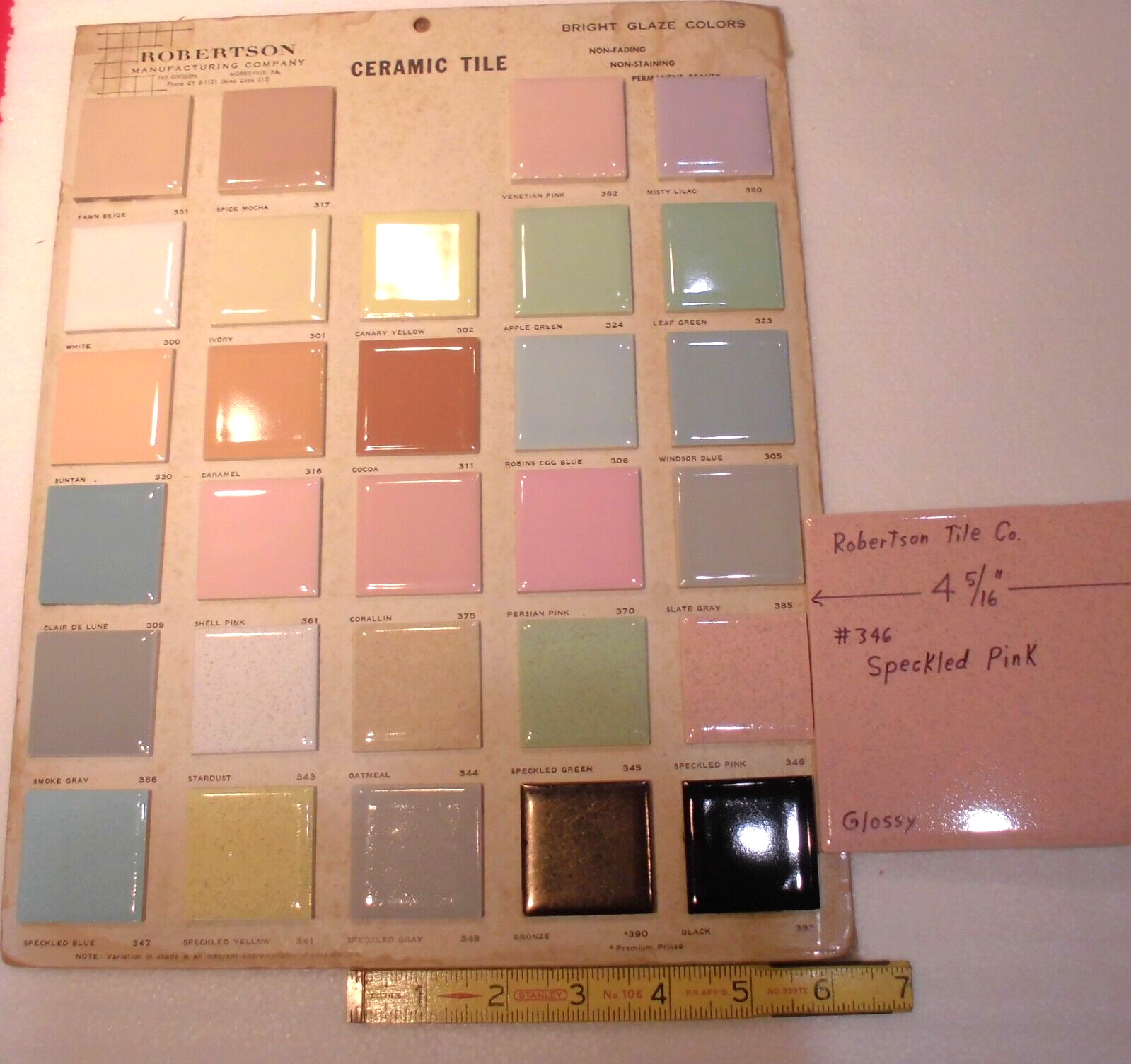 1 pc. Speckled Pink: 4-5/16″ Ceramic Tile by Robertson, pink + tiny specks, NEW