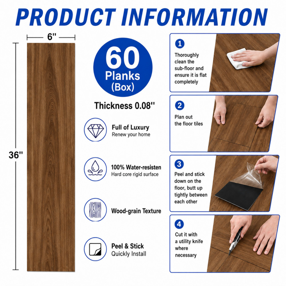 60-Pack Vinyl Floor Tile Peel & Stick 36×6″ 90 Sq Ft, Waterproof Flooring, Brown