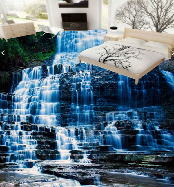 3D Waterfall Blue Rock Floor Mural Photo Flooring Wallpaper Print Home Wall Deca