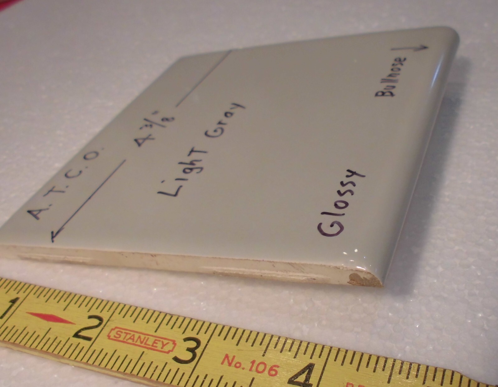 1 pc. Light Gray: 4-3/8″ Glossy Ceramic Bullnose Tile by A.T.C.O. , Pearl Gray