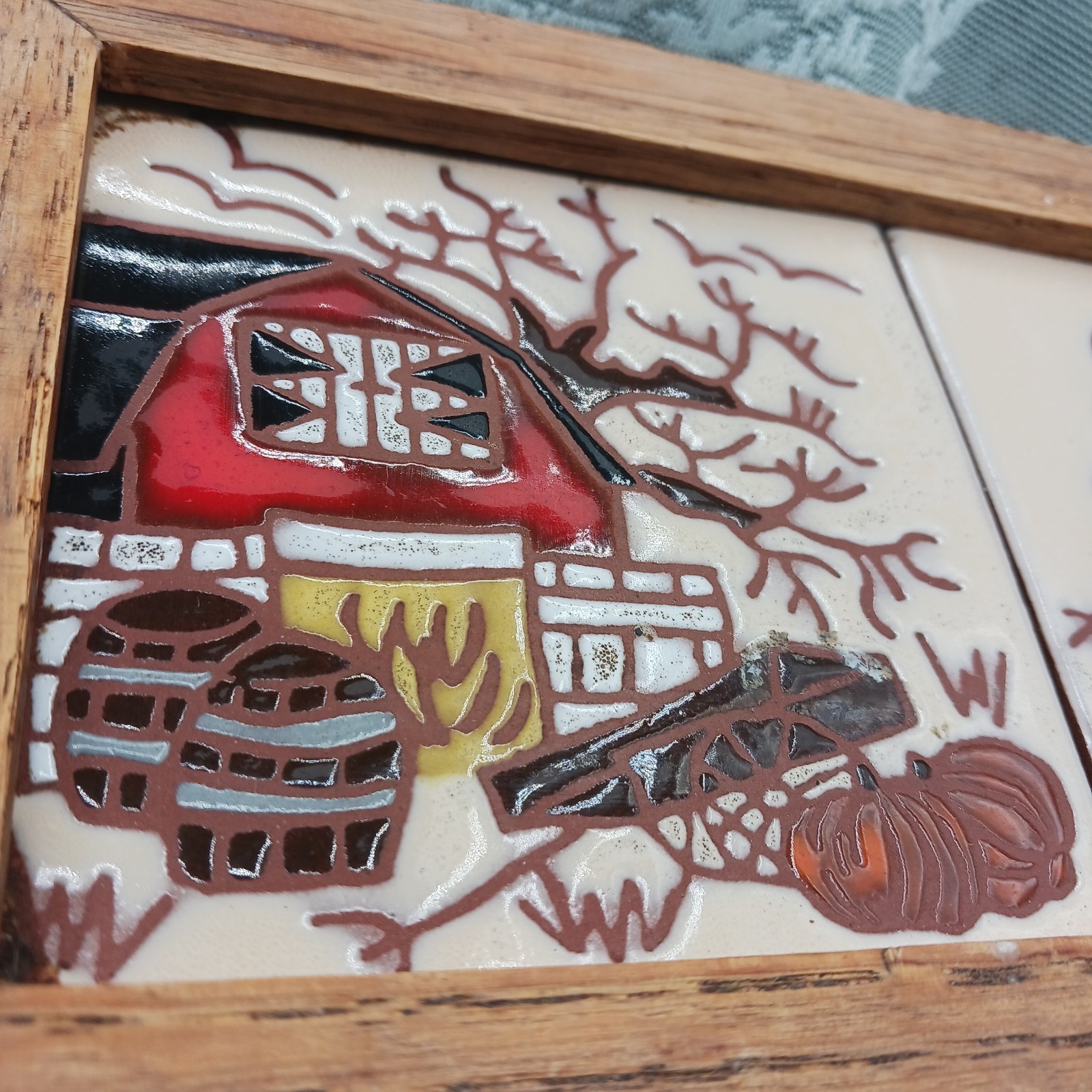 VTG Ceramic Tile Framed Wall art Barn Hen Chicks Pumpkin Trivet Country Farmcore