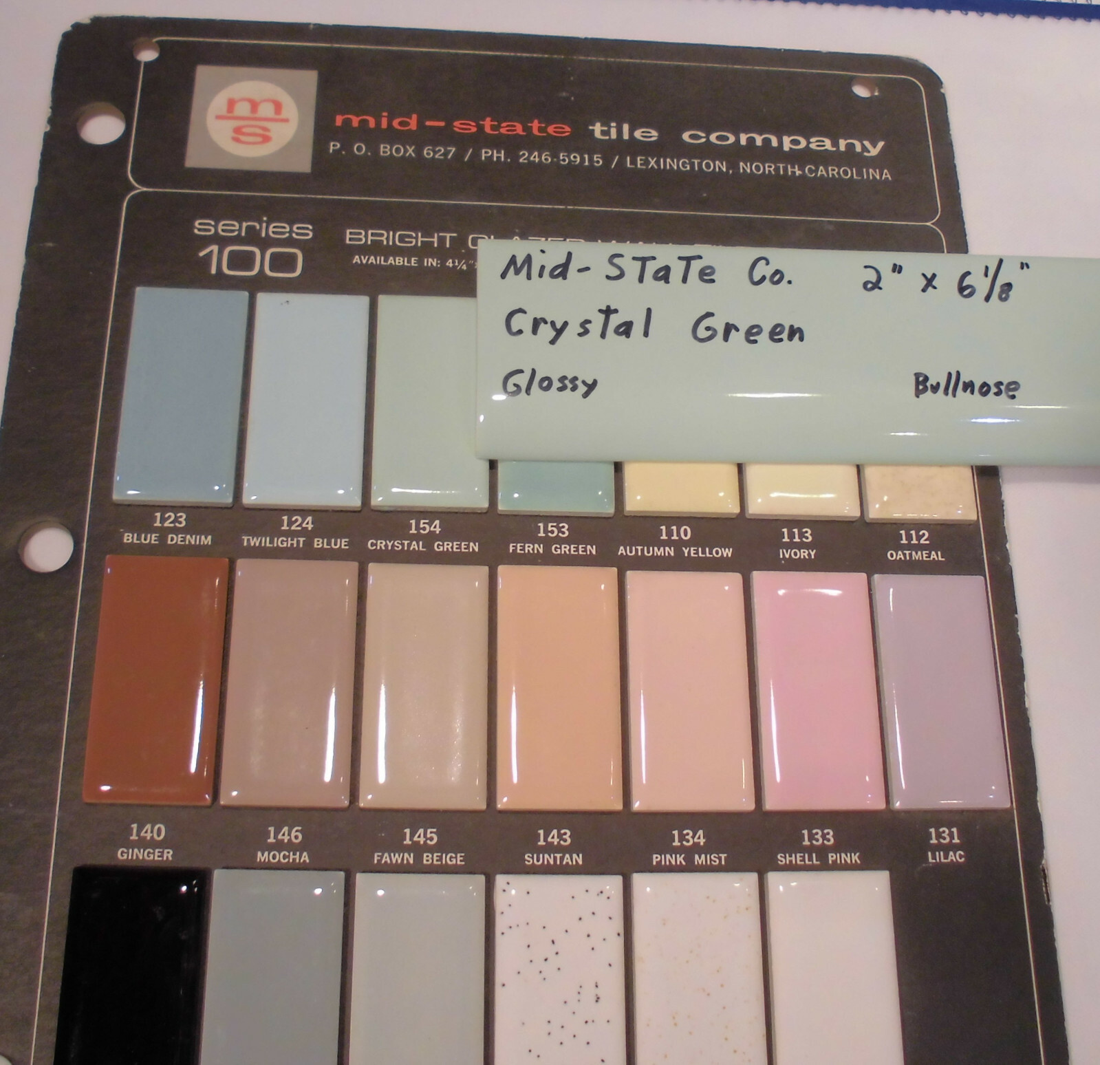 1 pc. Crystal Green: 2” X 6” Glossy Ceramic Bullnose Tile by MID-STATE, NOS