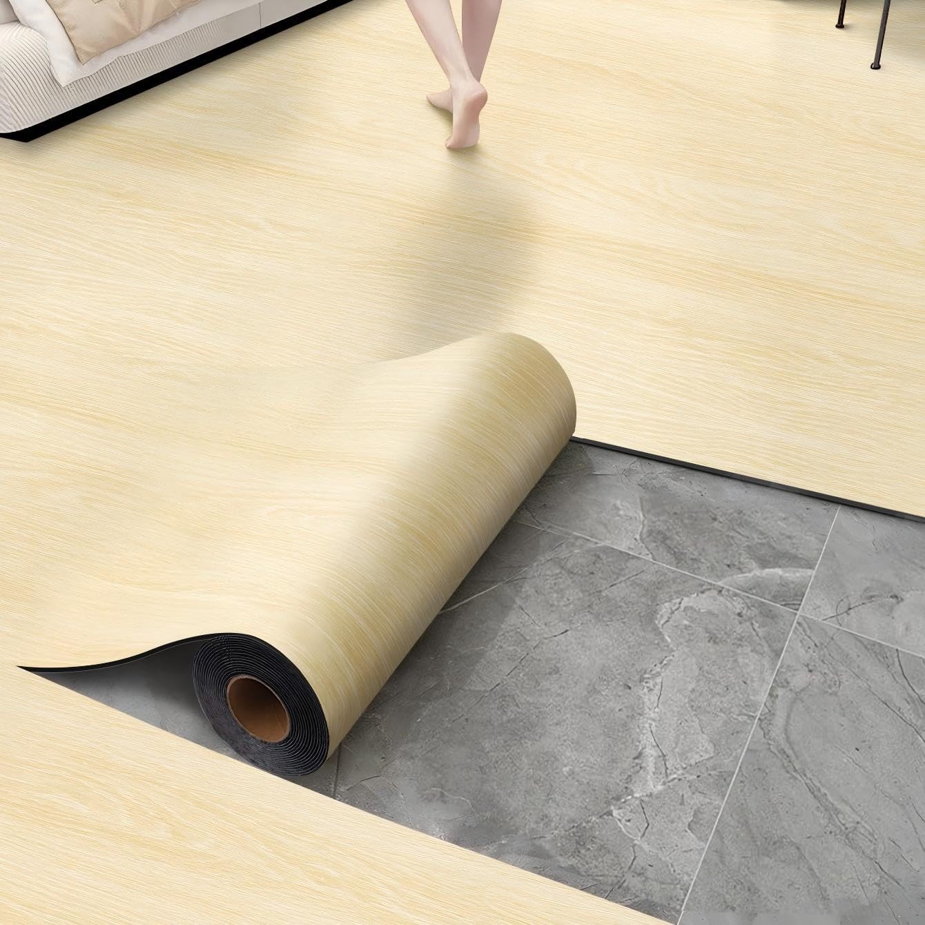 Raw Wood Grain Peel And Stick Vinyl Flooring Roll Tile 17.72 x 118 Inch