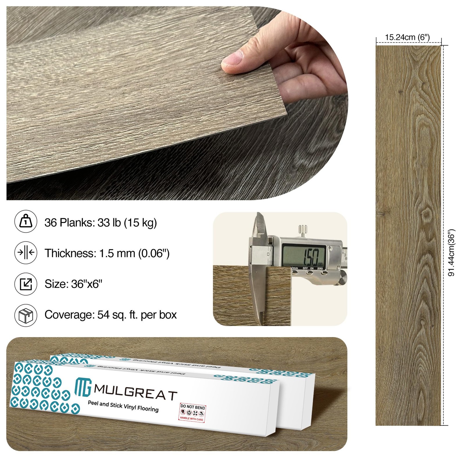 Peel and Stick Floor Tile, 54 Sq.Ft 36 Pieces 36″x6″ Long Vinyl Flooring, 1.5…