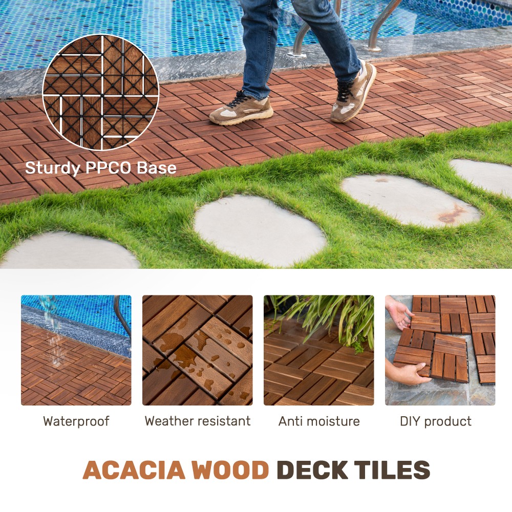 30pcs Acacia Wood Deck Tile Interlocking Flooring Pavers Tiles Outdoor Patio