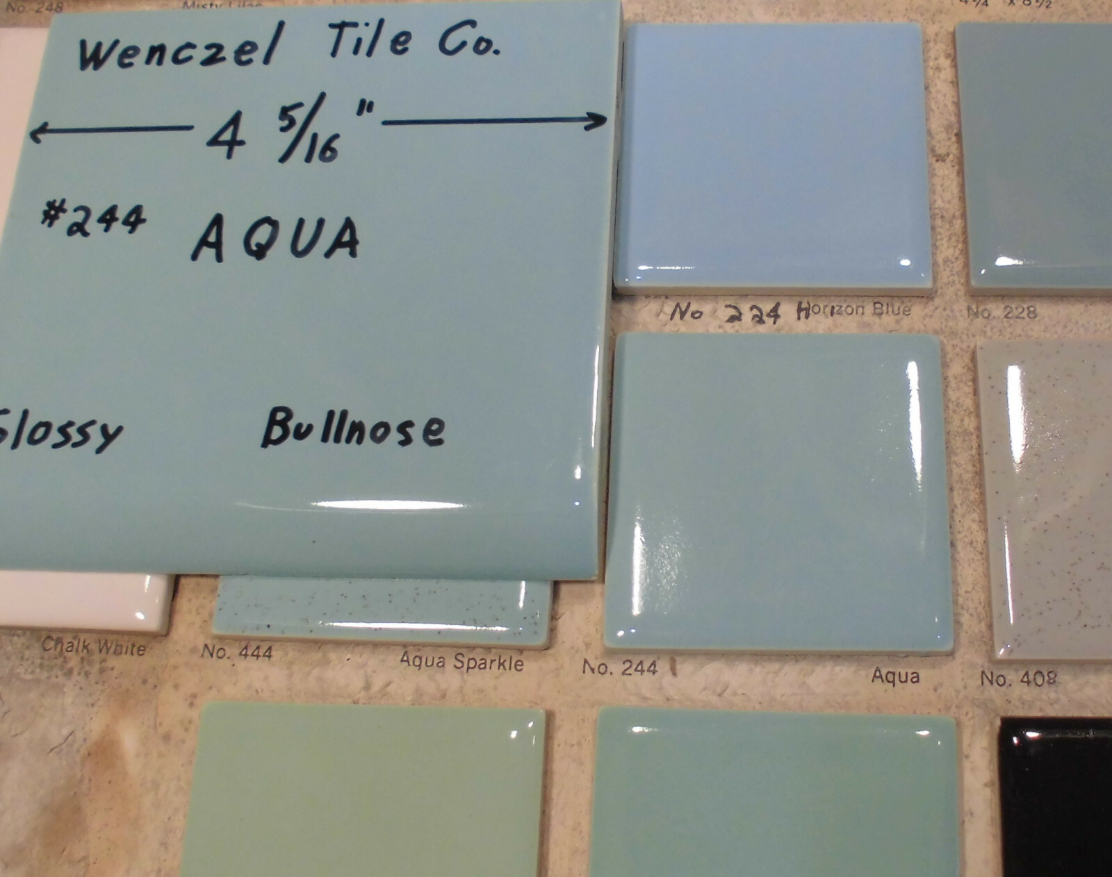 1 pc. Aqua #244; Blue-Green Glossy Ceramic Tile; Wenczel Tile 4-5/16″ Bullnose
