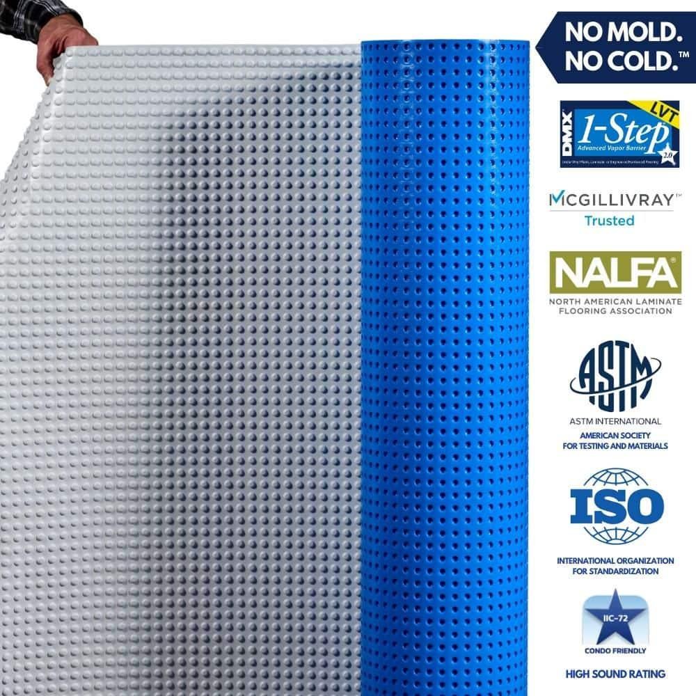 DMX 1-STEP Flooring Underlayment 29’L x 42″W Moisture Resistant Blue (100-Sq.Ft)