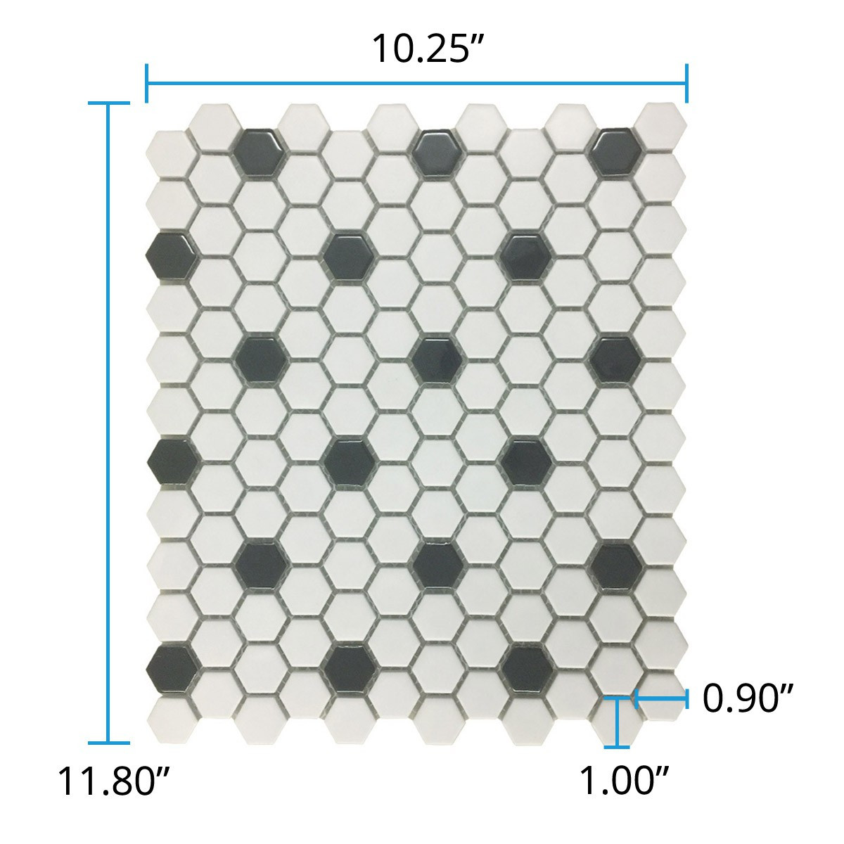Glossy White and Black Floor Tile Porcelain Mosaic Hexagon, 1 Tile Sheet 10.25″