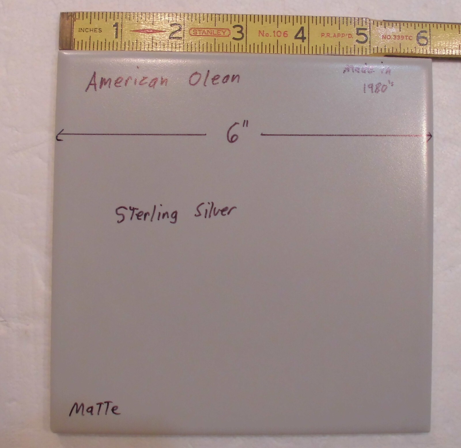 1 pc. 6″ X 6″ Matte Ceramic Tiles *Sterling Silver Gray* American Olean, NEW