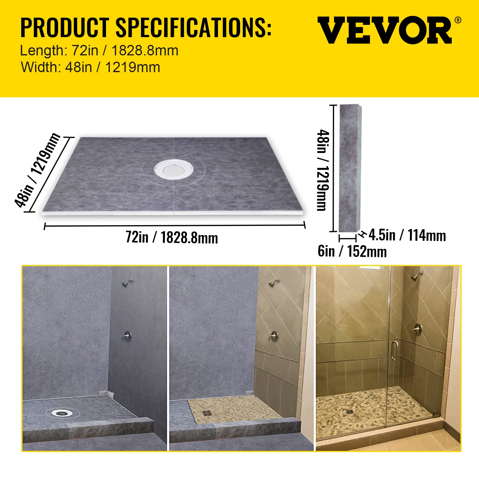 VEVOR Waterproofing Shower Kit Shower Kit Tray 48”x72” with Central Drain PVC