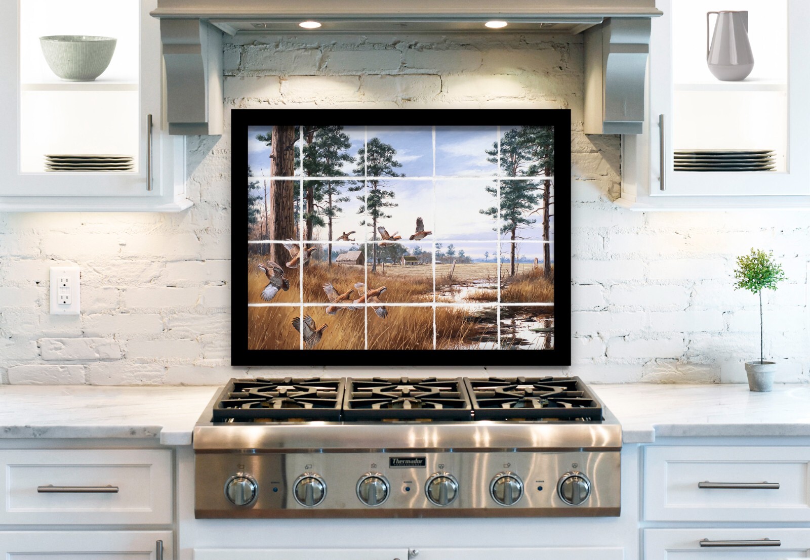 ready to hang ceramic tile mural backsplash. flying quails, farm barn country