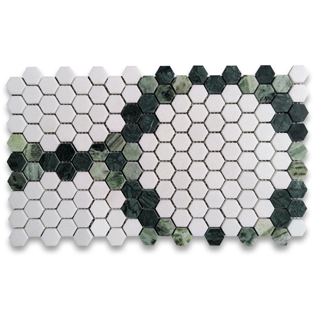 T31F92XH Thassos White Marble Pinnacle Hexagon?Green Garland Mosaic Tile Honed