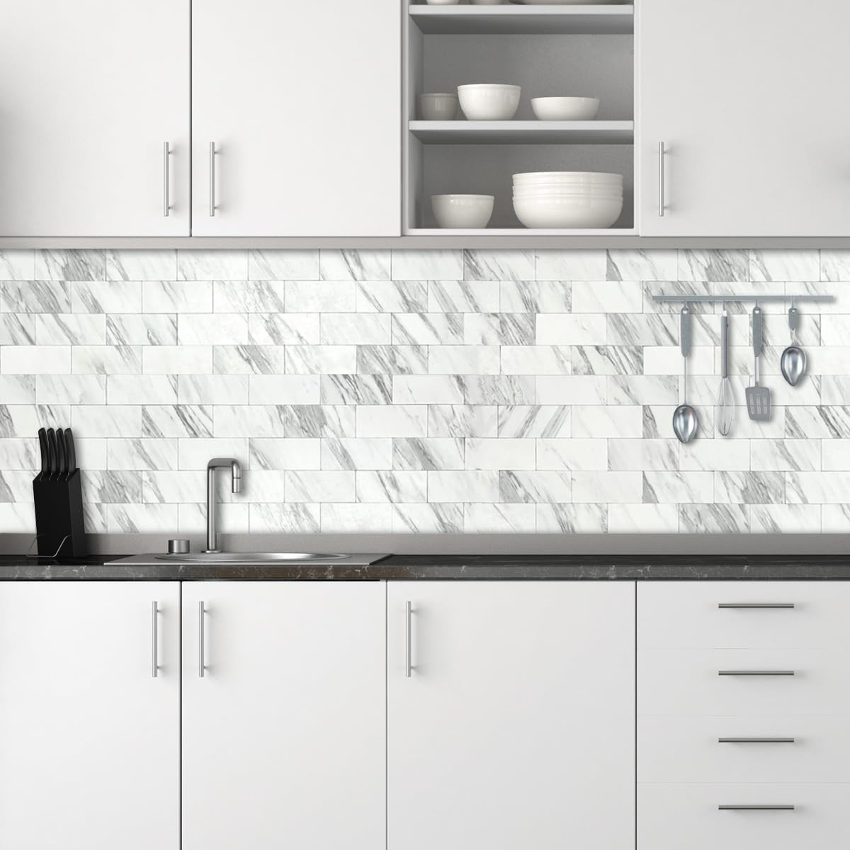 100-Piece White Marble Look Peel and Stick Backsplash Wall Tiles, 3″ X