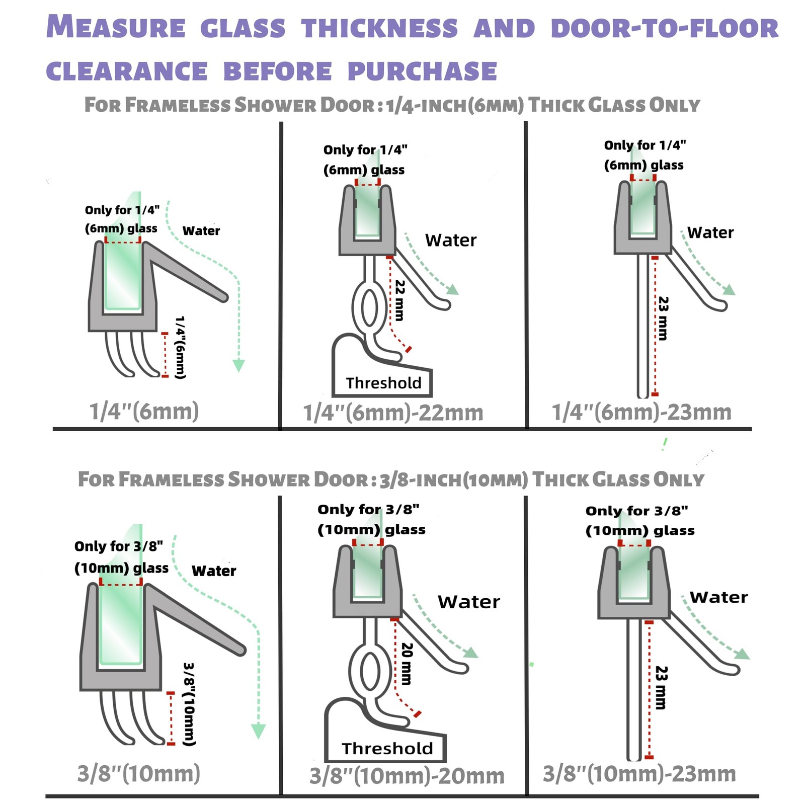 GEZMR 2-Pack Frameless Shower Standard – 1/4 inch (6mm) – 23mm Gap, Clear