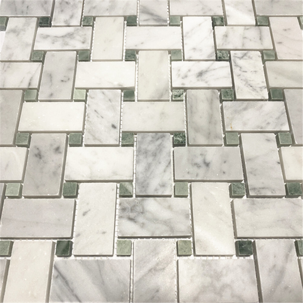 L652XH Basketweave Statuary White Marble 1×2 Mosaic Tile Green Dot Honed