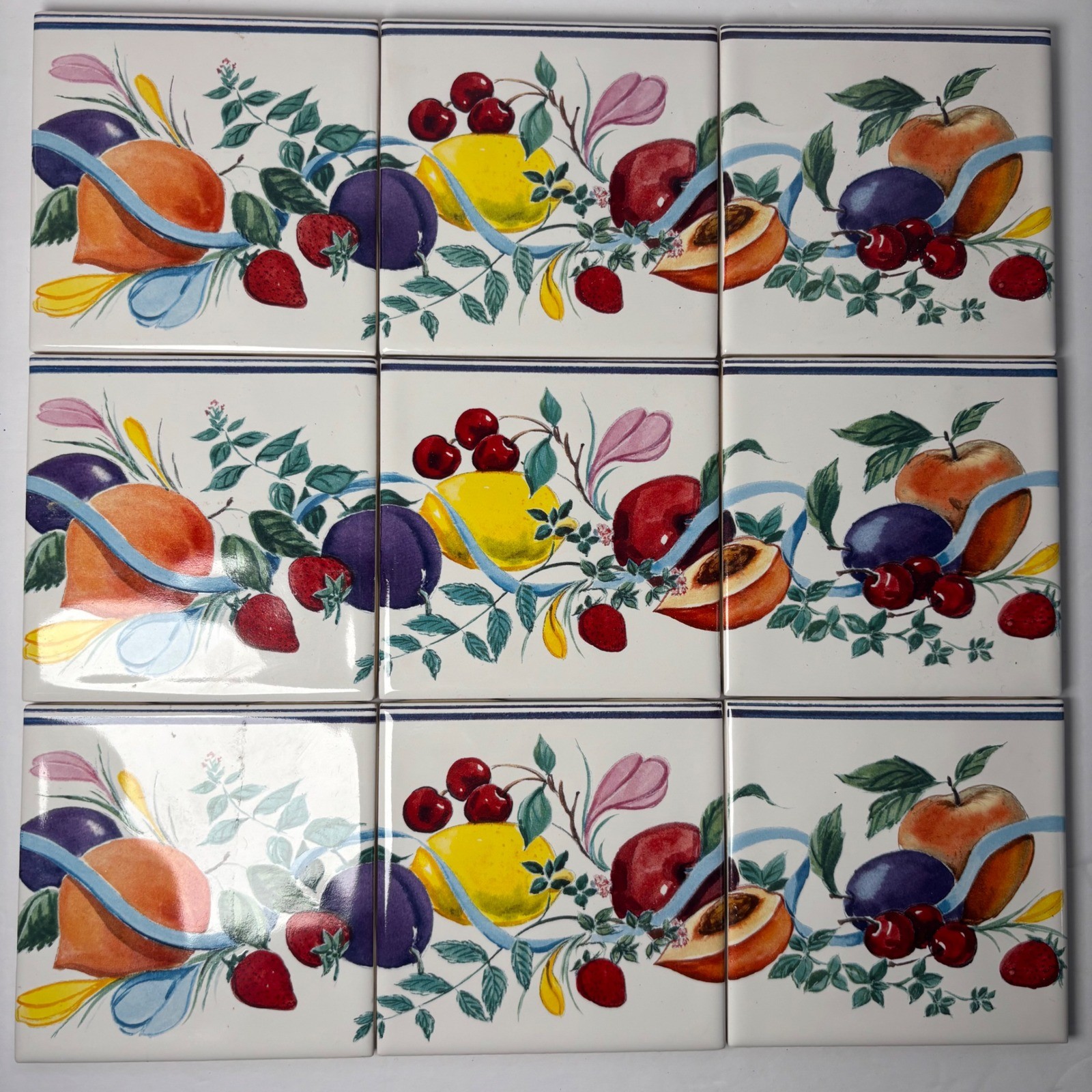Fruit Ribbon Ceramic Tiles 4.5×4.5 Multicolor Mediterranean 9 Piece Set