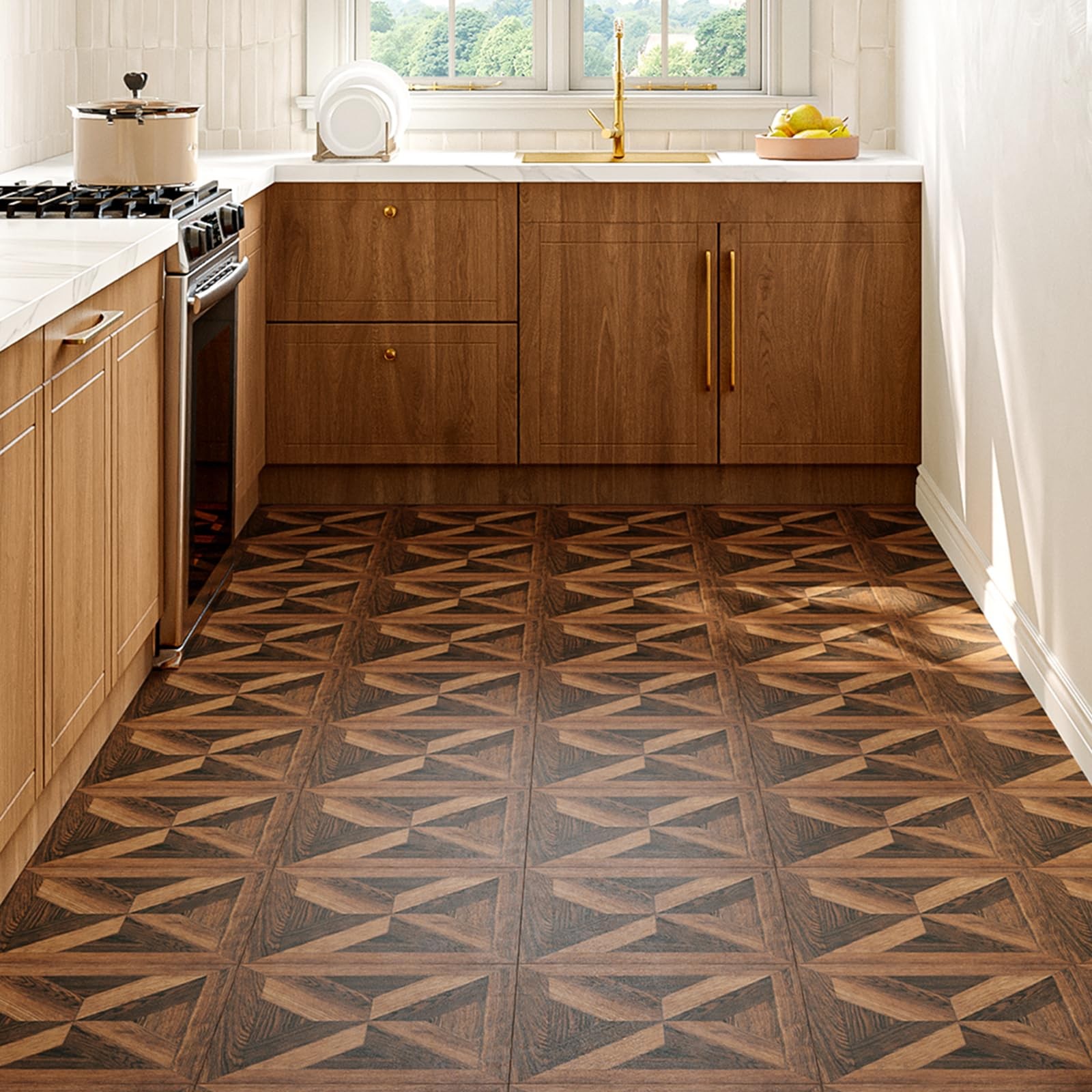 Brown Wood Look Peel and Stick Vinyl Flooring Roll Geometric Parquet Floor Co…