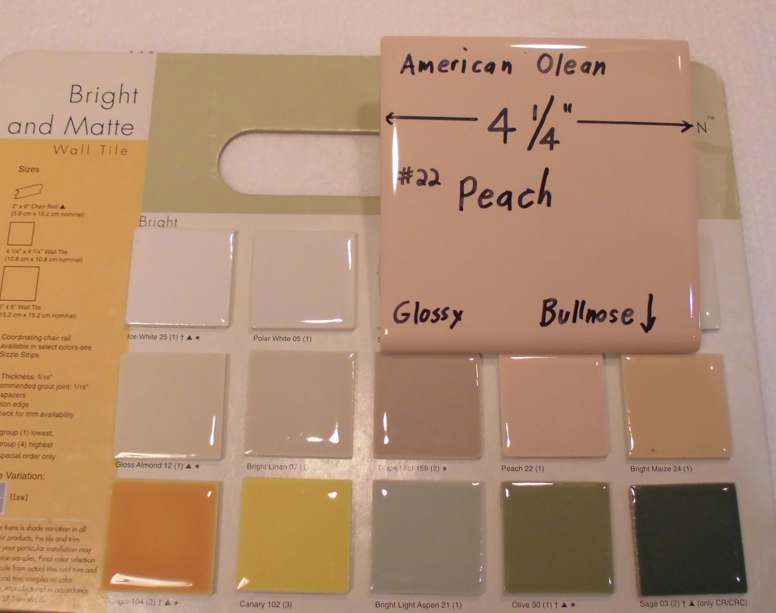 1 pc. *PEACH COLOR* Glossy Bullnose Ceramic Tile #22 by American Olean 4-1/4″