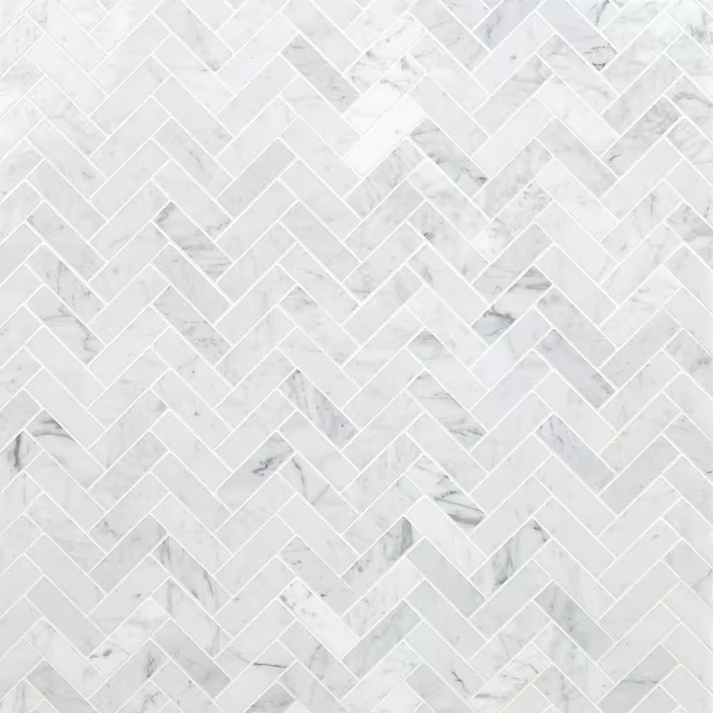 White Carrara Herringbone 12 In. X 12 In. 10Mm Polished Marble Stone Mosaic Wall