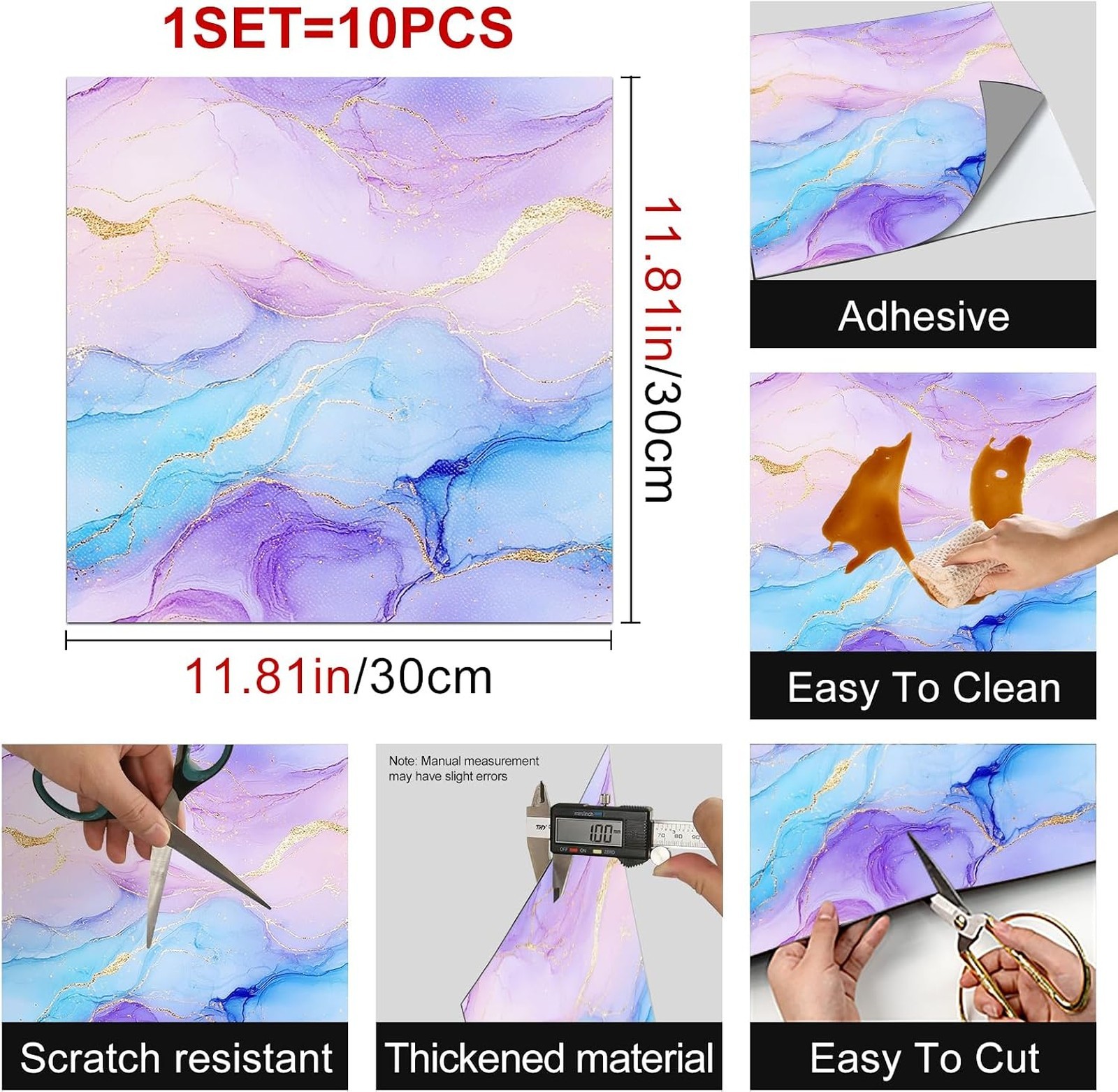 12×12 Inch Vinyl Floor Tiles Pink Purple Gradient Marble Peel and Stick Self