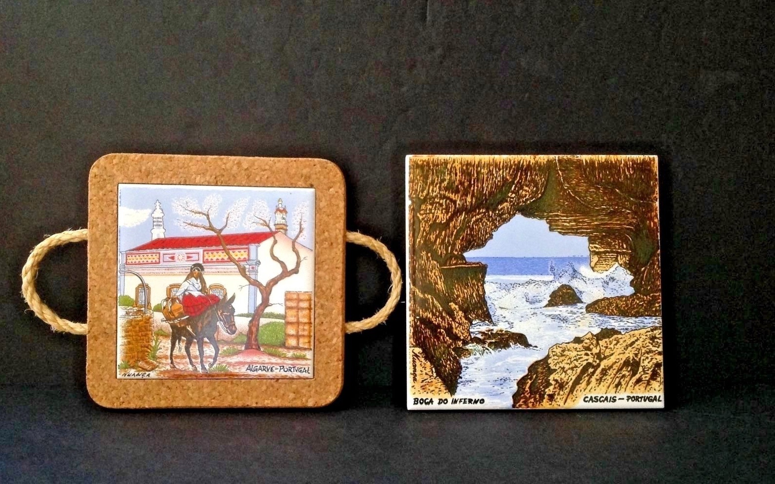 Pair Vintage Handpainted BOCA DO INFERNO Cascais & NUANEA Algarve Portugal Tiles