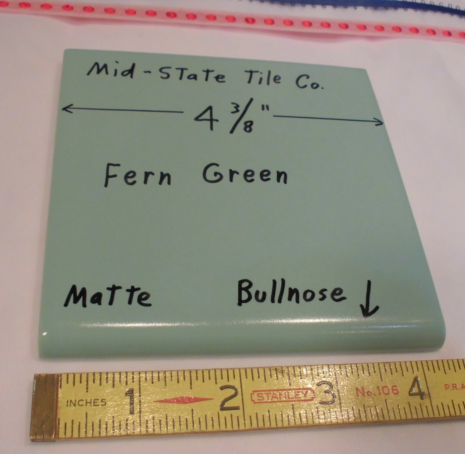 1 pc. Fern Green; Matte Bullnose Ceramic Tile 4-3/8″ by Mid-State Co. NOS