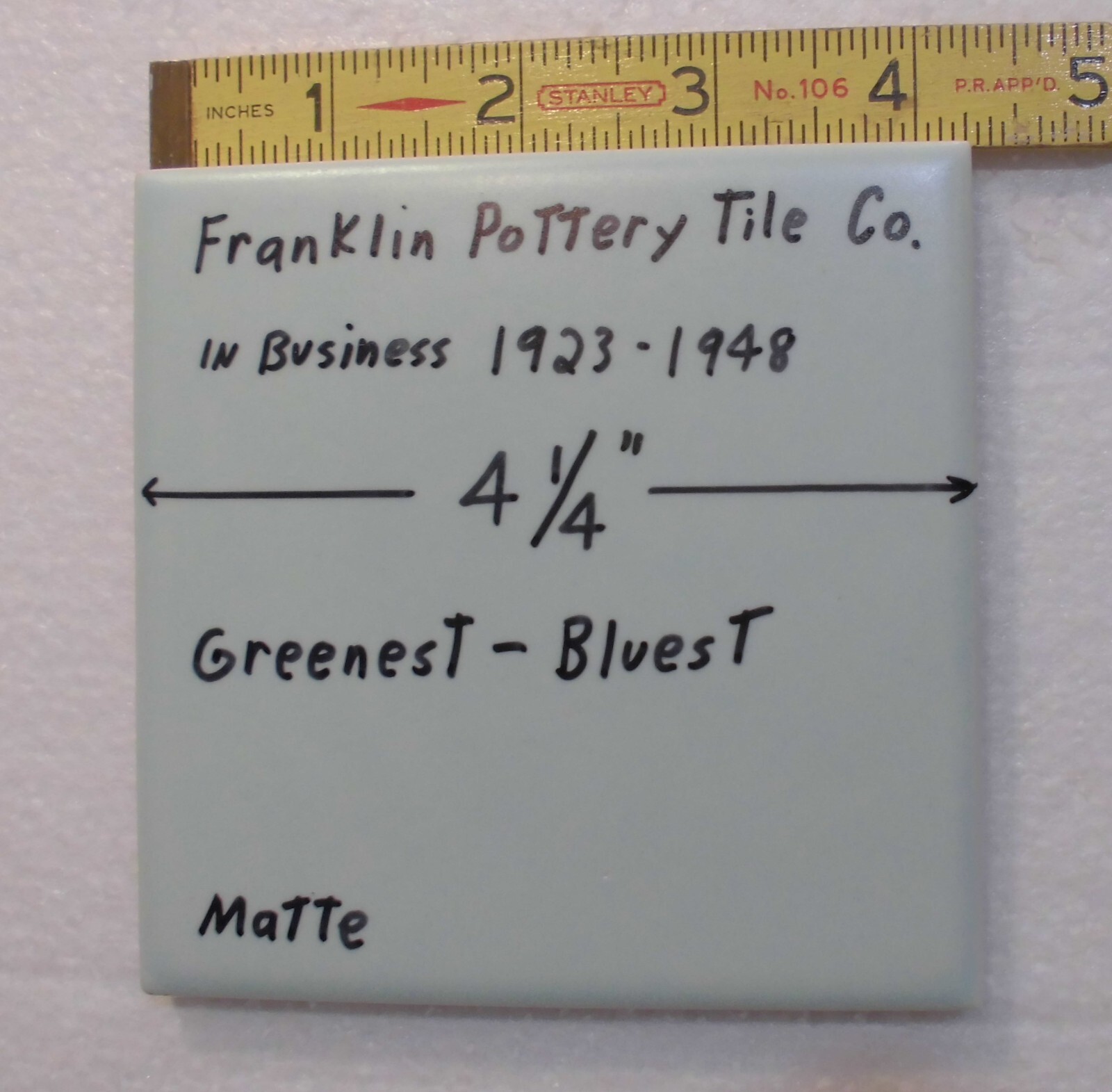 1 pc. Green – Blue: Matte Ceramic Tile by Franklin Co. 4-1/4″ Criteria 1930’s