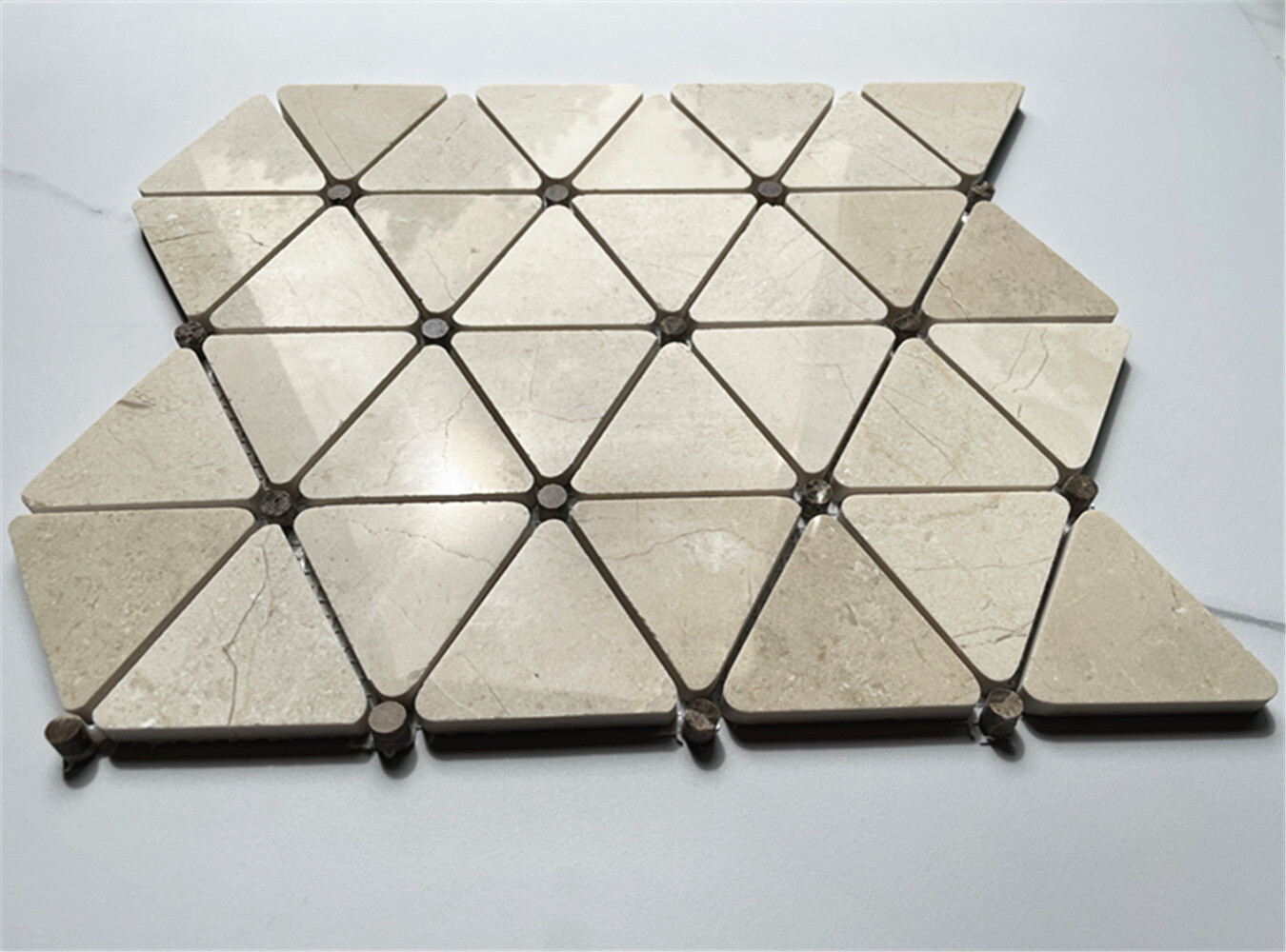 M854P Crema Marfil Marble Triangle Mosaic Tile Emperador Dark Dots Polished