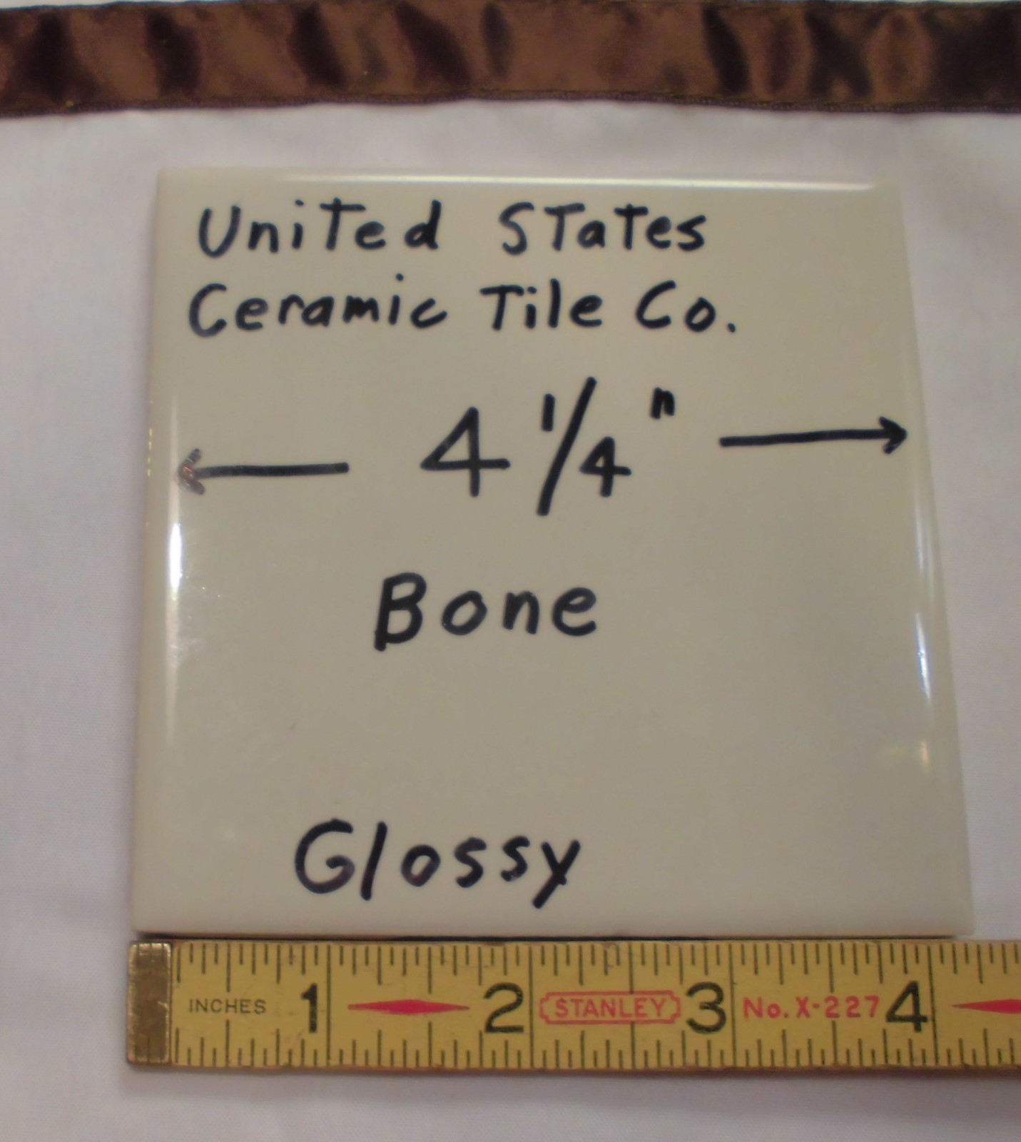 1 pc. Gloss Bone: 4-1/4″ Ceramic Tile by United State Tile Co. New Old Stock
