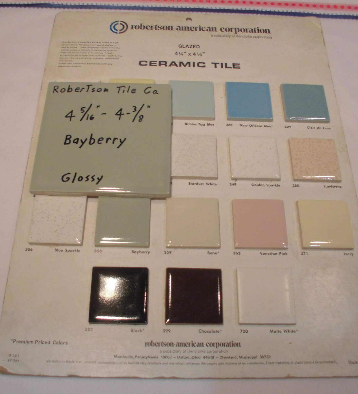 1 pc. Vintage Ceramic Tile *Bayberry Green* 4-5/16″- 4-3/8″ Robertson Co. NOS