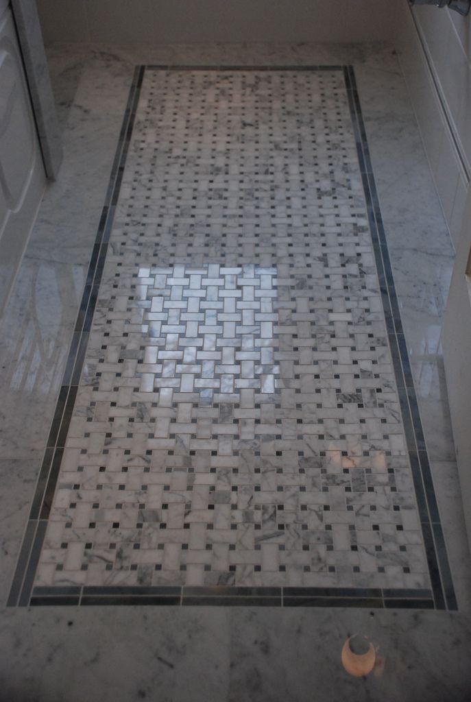 C657XP Basketweave Carrara White Marble Mosaic Tile Dark Grey Dots Polished